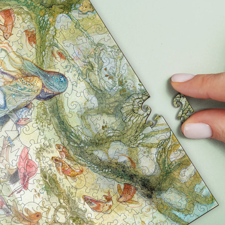 Detailed view of wooden puzzle for adults – fine lines, layered colors, and textures