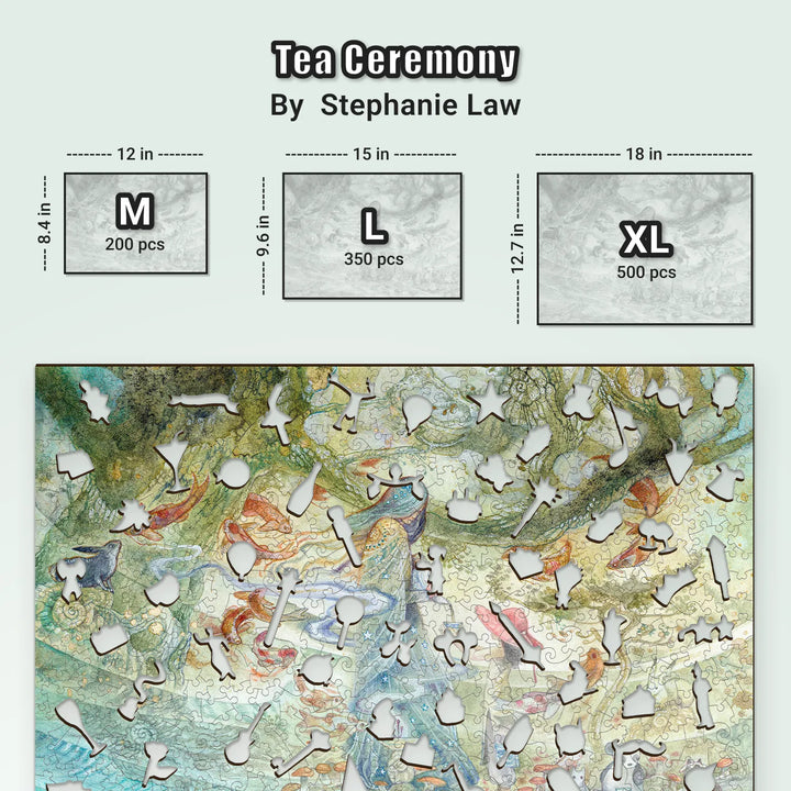 Side-by-side comparison of wooden puzzle sizes – 200, 350, and 500 pieces with the same design