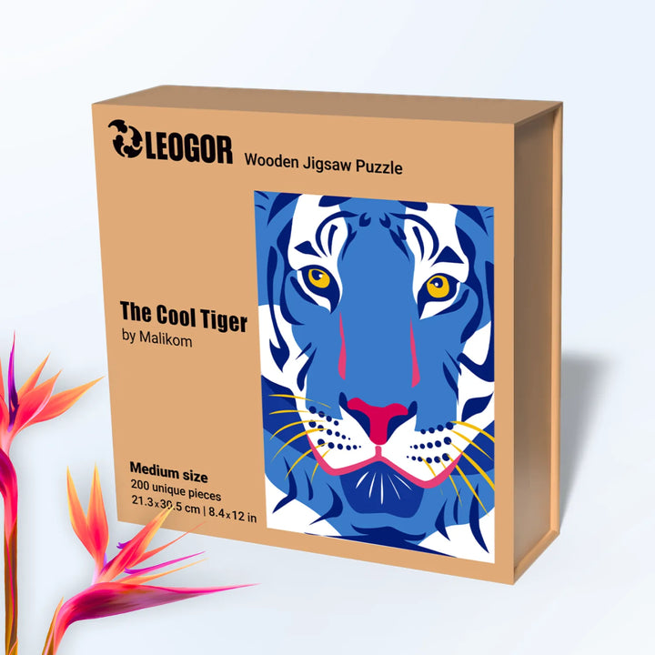 Gift-ready wooden adult puzzles presented in a stylish box with The Cool Tiger cover