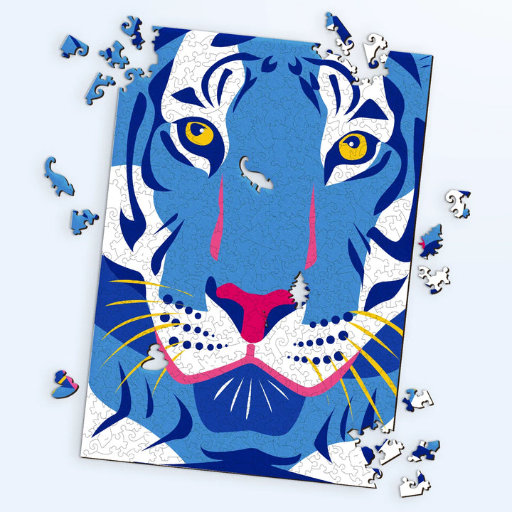 Wooden jigsaw puzzles for adults inspired by The Cool Tiger by Malikom, with vibrant artistic flair