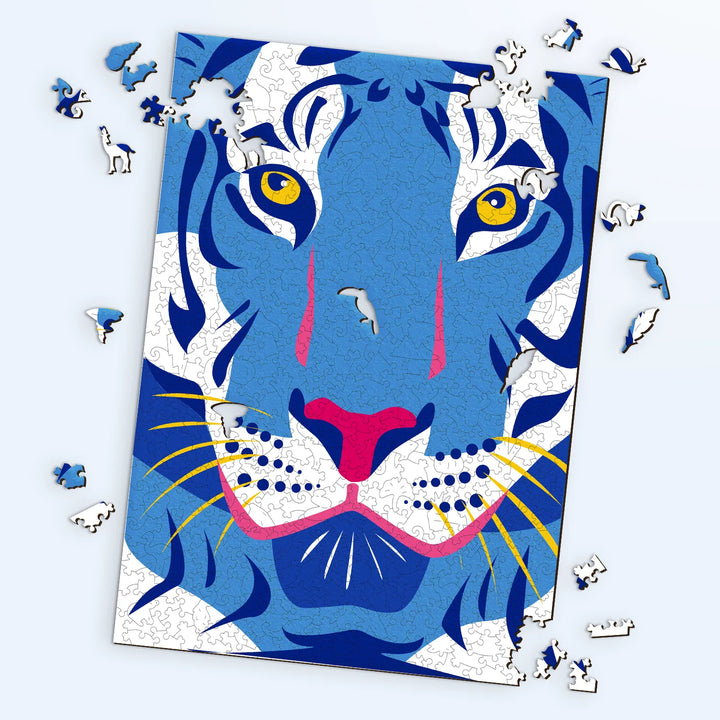 Wood jigsaw puzzle showcasing The Cool Tiger by Malikom — a modern, expressive adult wooden puzzle