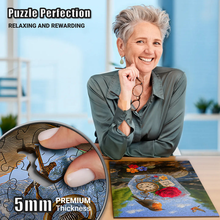 Woman enjoying wood puzzles for adults, assembling The Moment Keeper puzzle