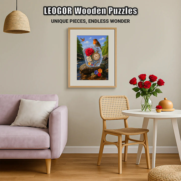 Wooden jigsaw puzzle displayed as wall art, The Moment Keeper nature scene