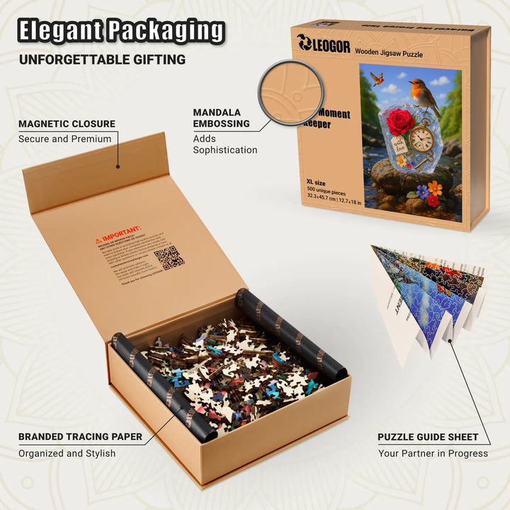 Premium box for wooden jigsaw puzzles, The Moment Keeper elegant packaging