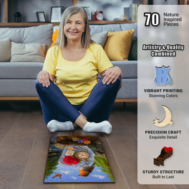 Older woman with wooden jigsaw puzzles for adults, relaxing with The Moment Keeper
