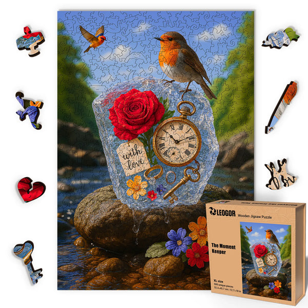Wooden puzzles for adults – symbolic riverside still-life with robin and red rose