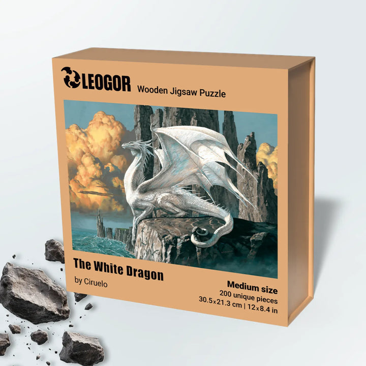 Packaging detail for wooden puzzle jigsaw – The White Dragon by Ciruelo with fantasy cover art