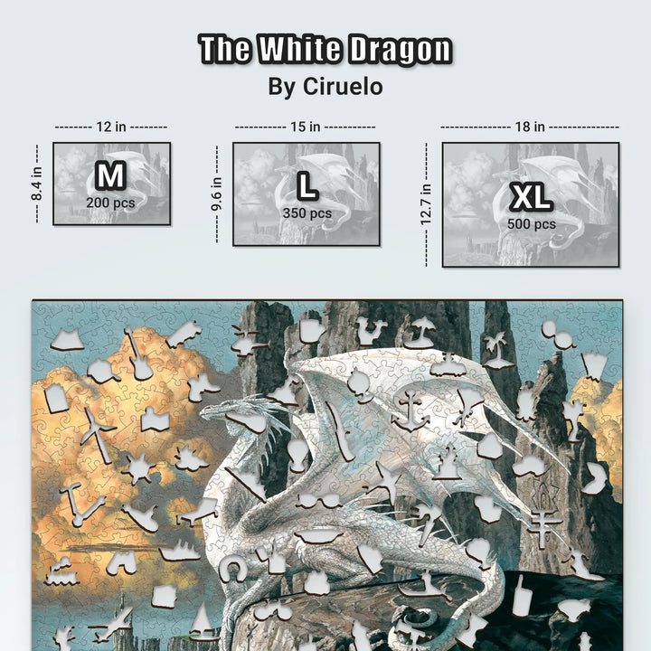 Side-by-side comparison of jigsaw puzzles wood – The White Dragon in 200, 350, and 500 pieces