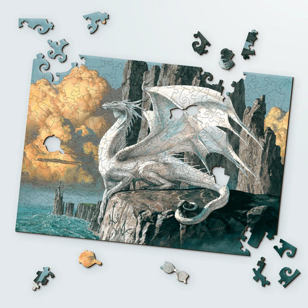 Fantasy cliffside dragon – wooden puzzles for adults, The White Dragon by Ciruelo in epic detail