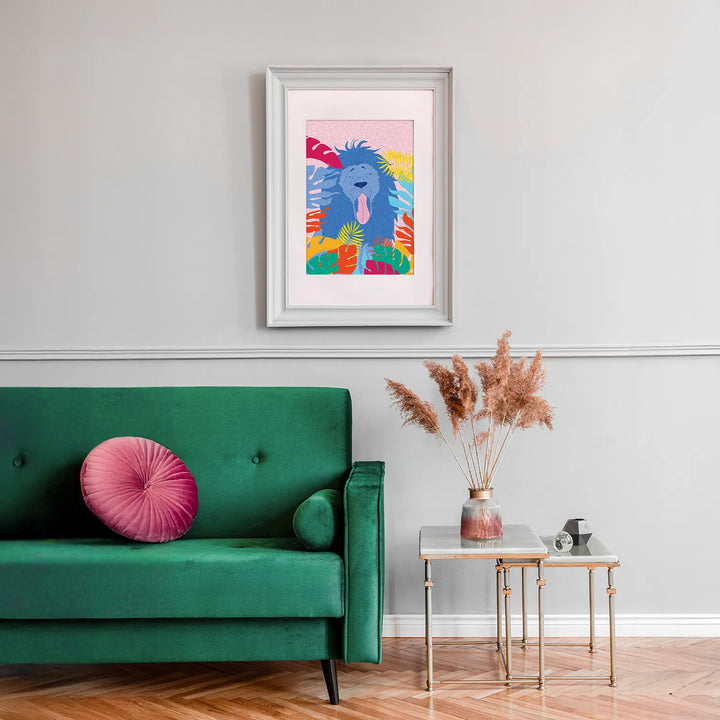 Completed wooden jigsaw puzzle for adults, displayed as framed wall art in a stylish interior.