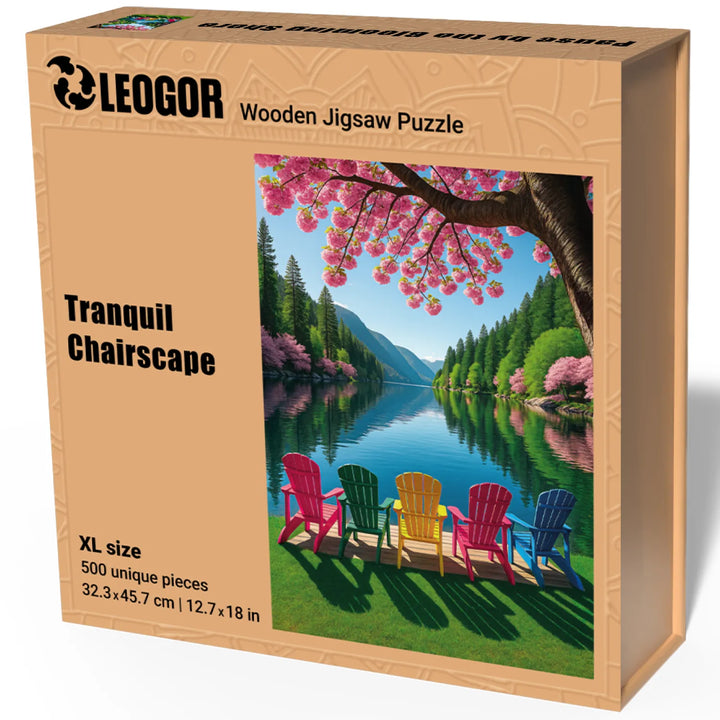 Gift-ready packaging for wooden puzzles adults, Tranquil Chairscape wooden puzzle in box