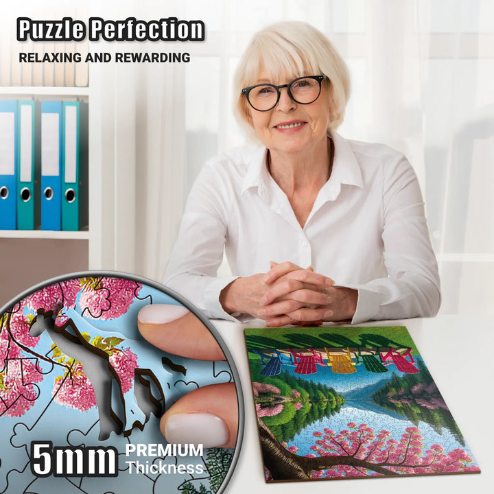 Woman enjoying wood puzzles for adults, assembling vibrant Tranquil Chairscape puzzle