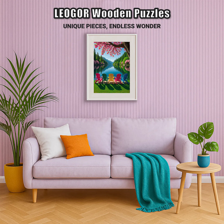 Wooden jigsaw puzzle displayed as wall art, Tranquil Chairscape lakeside scene