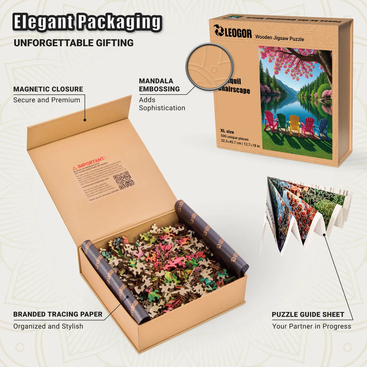Premium box for wooden jigsaw puzzles, Tranquil Chairscape scenic packaging