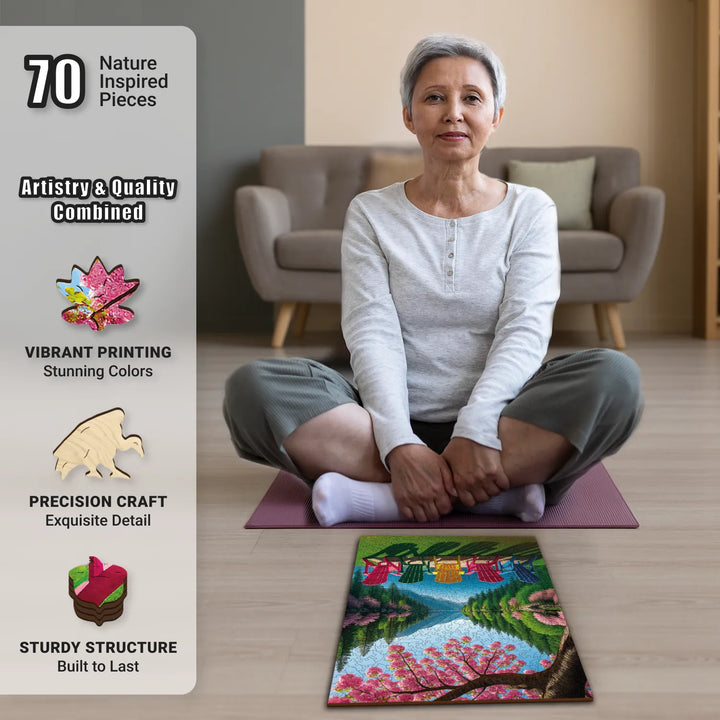 Older woman with wooden jigsaw puzzles for adults, relaxing with Tranquil Chairscape