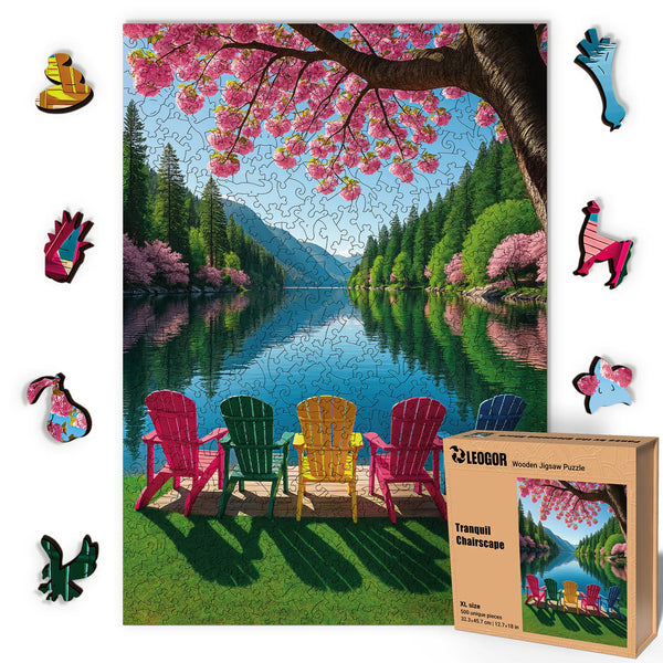 Wooden puzzles for adults – colorful chairs on a peaceful lakeside under cherry blossoms