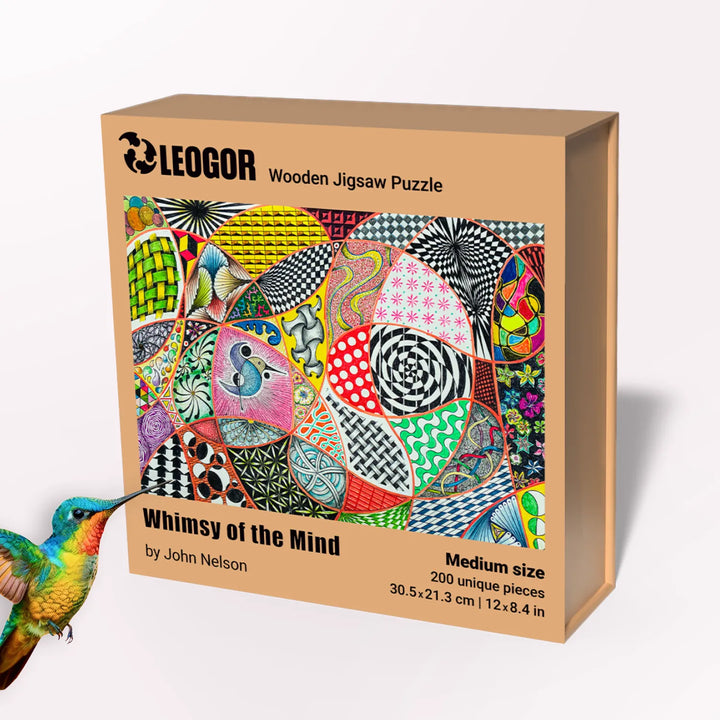 Elegant packaging for adult wooden puzzles – Whimsy of the Mind by John Nelson