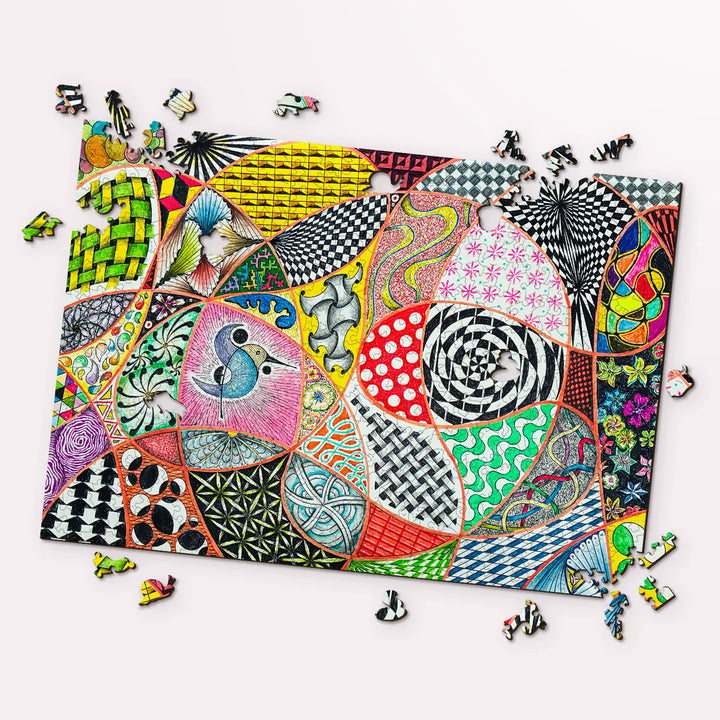 Wooden jigsaw puzzles with lively abstract sections and flowing illusions