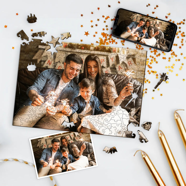 Family with sparklers, photo displayed as custom puzzles from photos with stars and puzzle pieces
