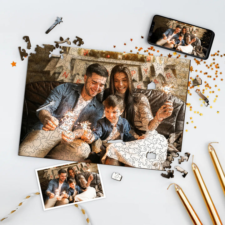 Personalized puzzles from photos featuring a family holding sparklers, capturing joyful memories