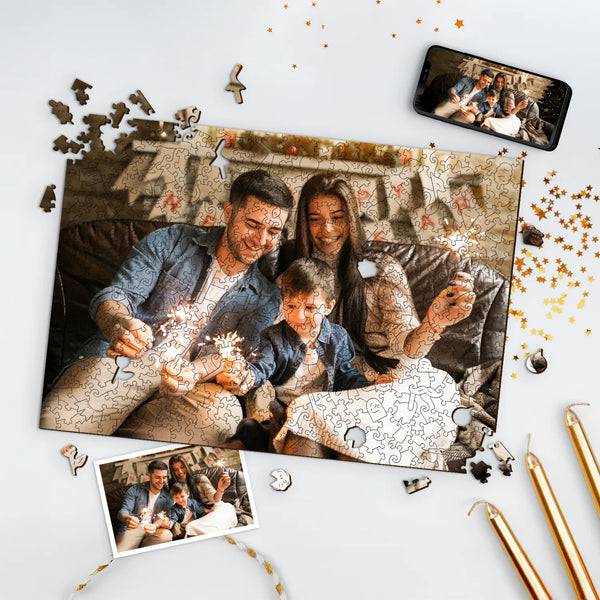 Custom jigsaw puzzles from photos featuring a happy family, turned into a personalized keepsake