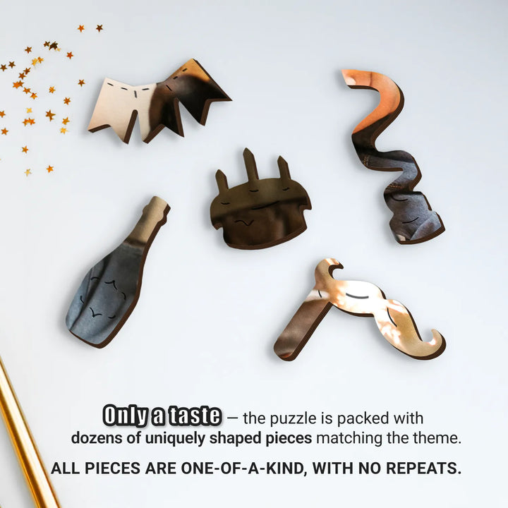 Custom photo puzzle featuring a garland, cake, champagne, and other uniquely shaped puzzle pieces