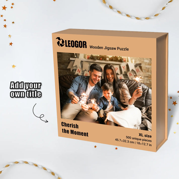 Elegant, customized box with personalized puzzles for adults, featuring 'Cherish The Moment' text