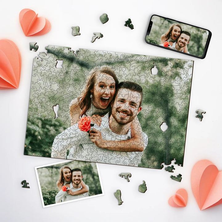 Customized puzzles from photos featuring a happy couple, surrounded by decor and puzzle pieces