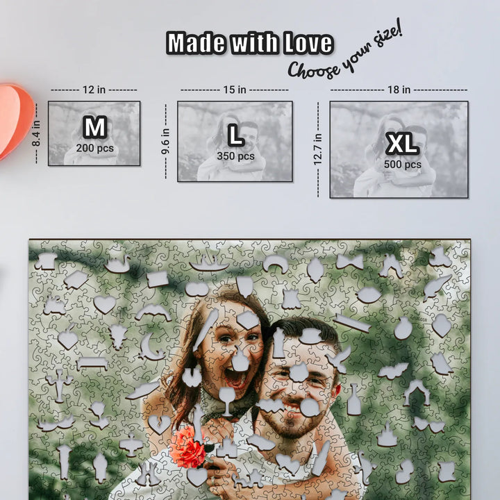 Comparison of sizes: 200, 350, and 500 pieces customize puzzle picture with love theme pieces