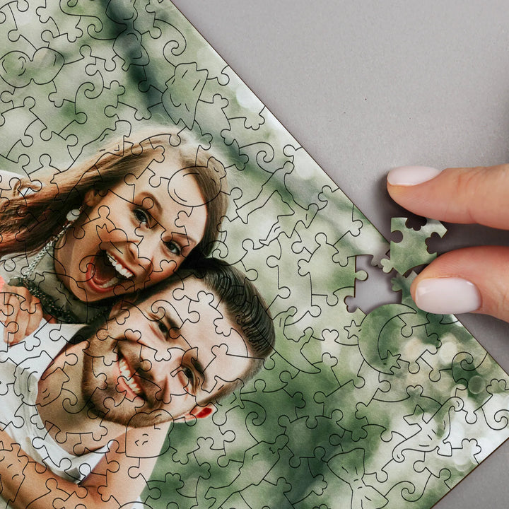 Close-up of personalized jigsaw puzzles from photos, showcasing its intricate design and pieces
