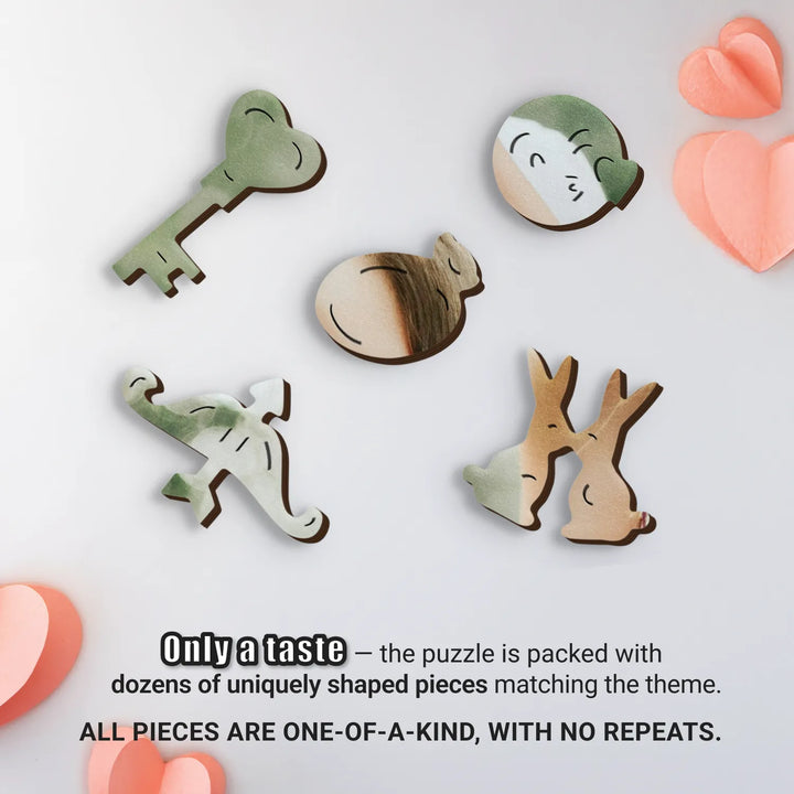 Themed custom wooden puzzle with exclusive pieces shaped like a key, ring, hearts, and more