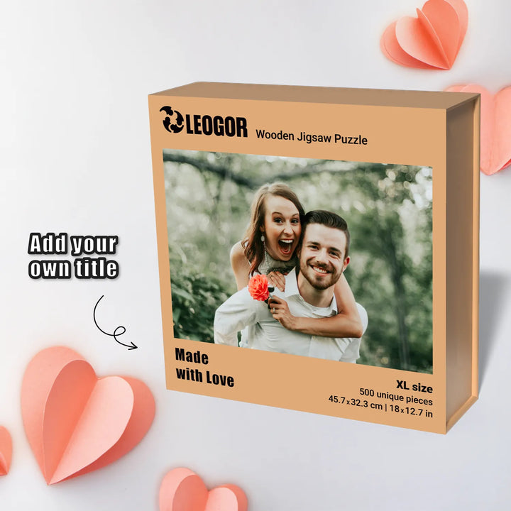 Box with personal puzzles made from photos, featuring the 'Made with Love' title and puzzle details