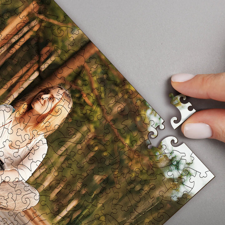 Close-up of a puzzle from your own picture, featuring nature-themed design and collectible pieces