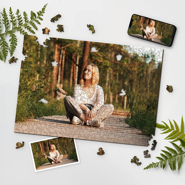 Photo puzzles personalized, featuring a woman in the forest with puzzle pieces and nature elements