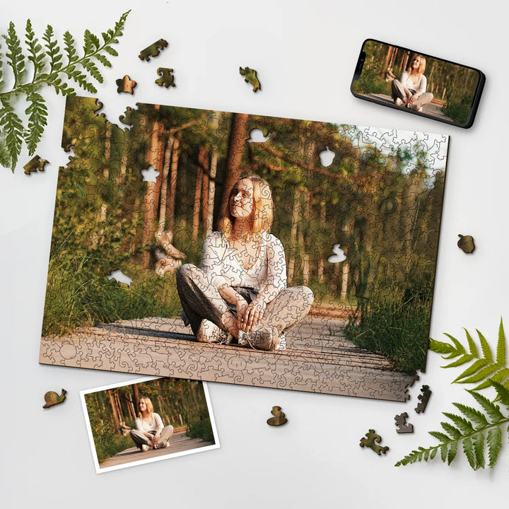 Photo puzzles personalized, featuring a woman in the forest with puzzle pieces and nature elements