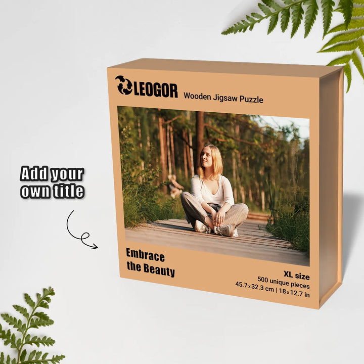 Custom photo puzzle box with 'Embrace the Beauty' title and inspired by nature theme