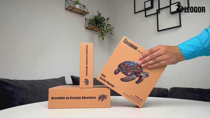 Sea Turtle Voyage puzzle video – 500 pcs, ocean-themed wood puzzle with marine shapes and unboxing