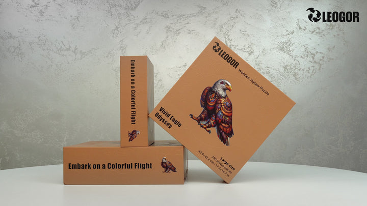Eagle puzzle half-assembled with animal-shaped pieces around it, shown next to branded LEOGOR box