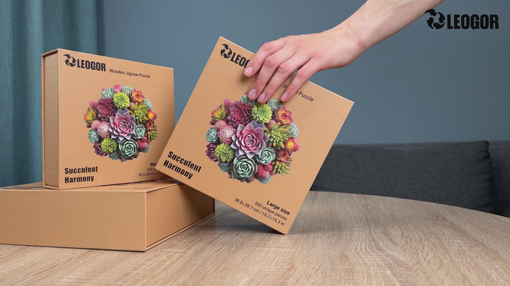 Video of Succulent Harmony 500-piece puzzle with thick wood, vivid prints, and floral whimsy