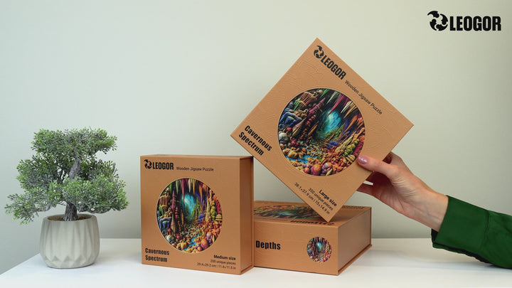 Video of Cavernous Spectrum wooden puzzle being assembled – vibrant art, thick wood, and whimsy fun