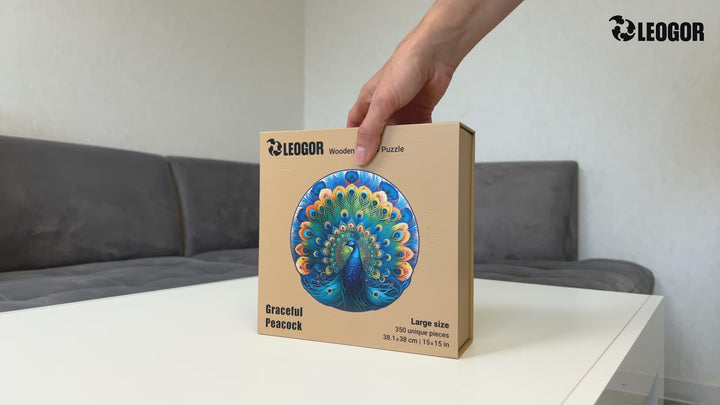 Graceful Peacock puzzle video – 500, 350, 200 pieces with whimsy shapes, artful puzzle unboxing