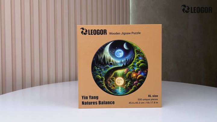 Video of Yin Yang wooden puzzle with 500 nature-inspired pieces, showcasing harmony and relaxation