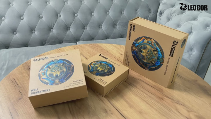 Wolf Enchantment puzzle video – 500, 350, 200 pieces with shaped cuts, premium packaging, artful
