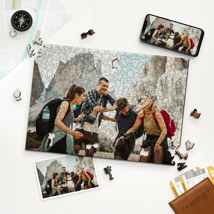 Group of friends in mountains, presented as personalized jigsaw puzzle with travel-inspired theme
