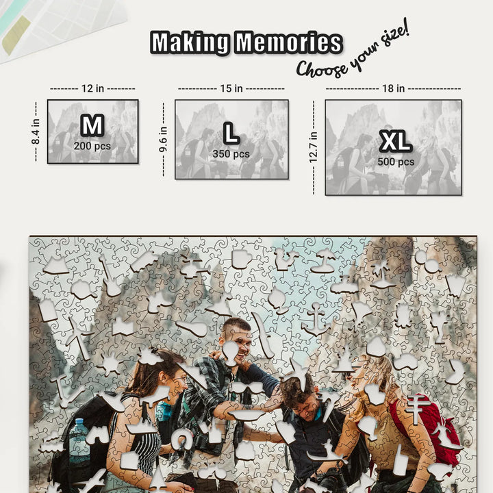 Personalized jigsaw puzzle with travel-inspired unique pieces, available in M, L, and XL sizes