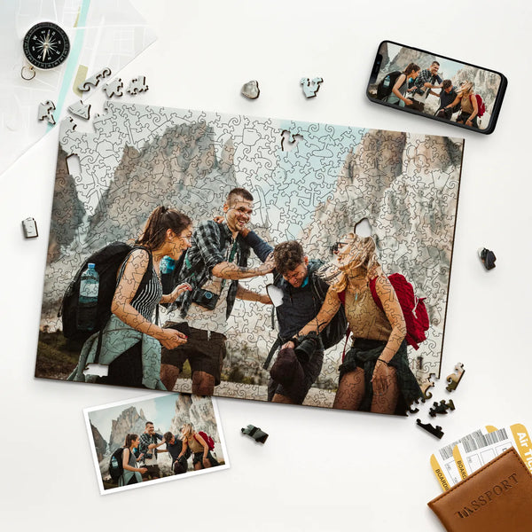 Photo of a group of happy friends on a trip, displayed as customizable puzzles, capturing memories