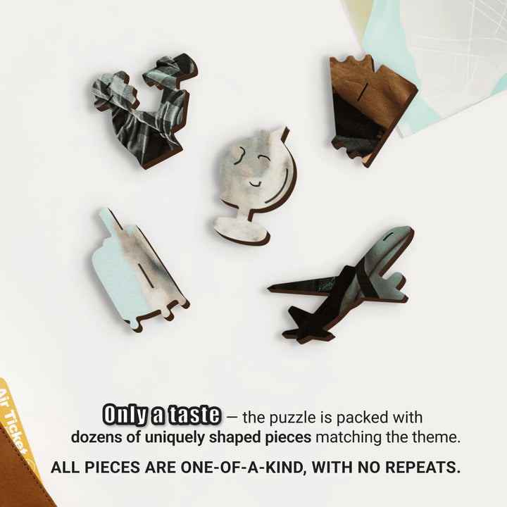 Various travel-related pieces in custom puzzles from photos, with unique, non-repeating elements