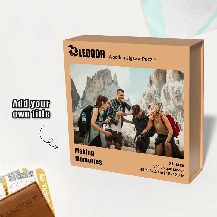 Custom wood puzzles box featuring 'Making Memories' title and puzzle features and characteristics