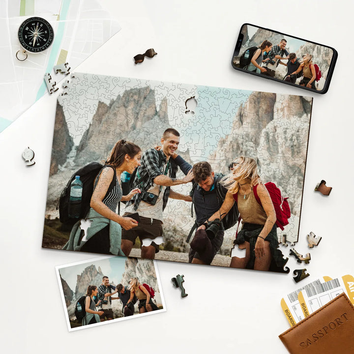 Group of friends in mountains, presented as personalized jigsaw puzzle with travel-inspired theme